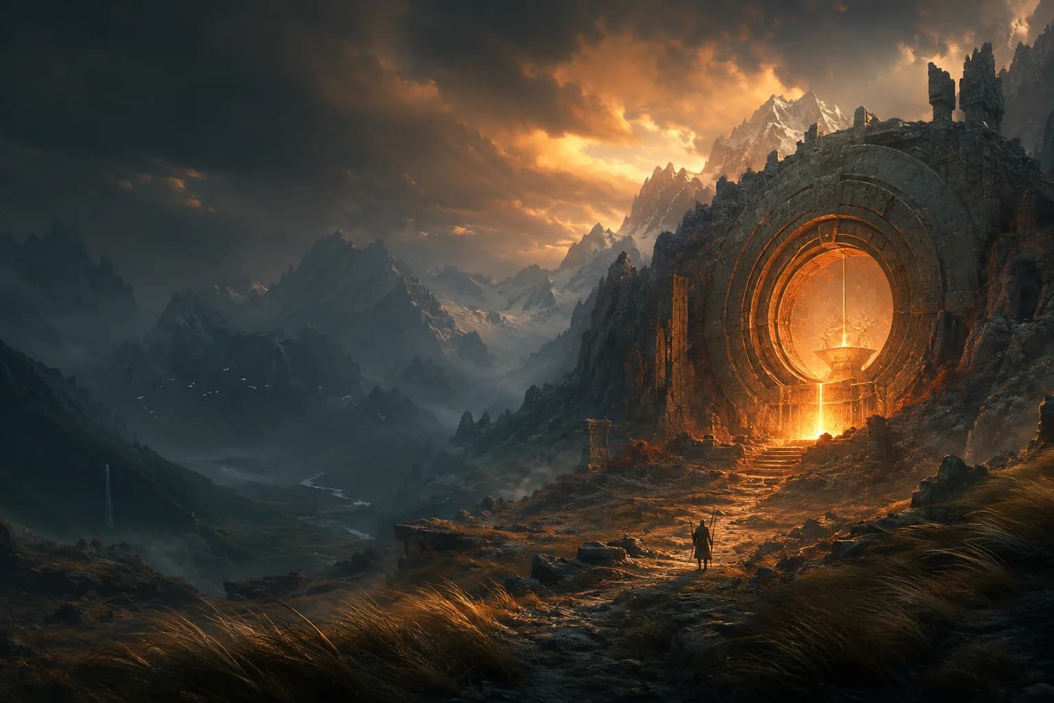 Lightforge concept art: a glowing forge in a vast mountain valley